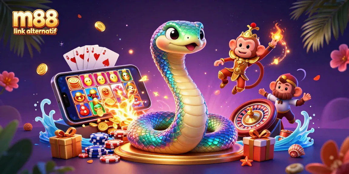 Experience the thrill of m88 link alternatif with vibrant casino elements, a charming monkey king, and a majestic serpent.