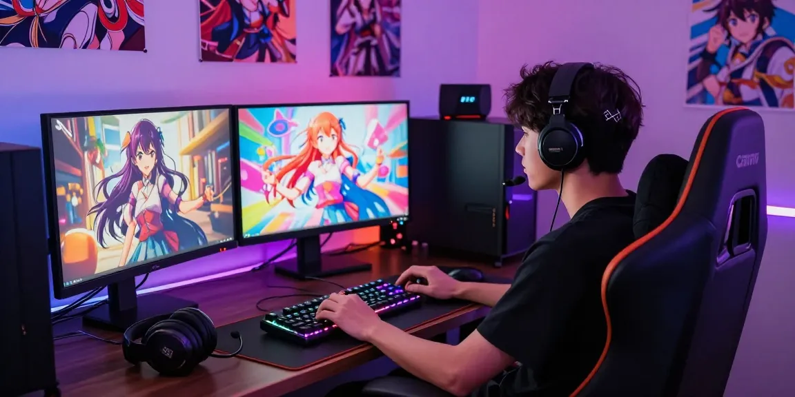 Immersive hentaigame scene showing a gamer in a modern setup with animated characters, emphasizing interactive storytelling.