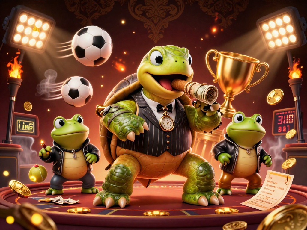 iwin's cartoon casino scene features a massive snapping turtle and bullfrog enforcers amidst dynamic sports elements.
