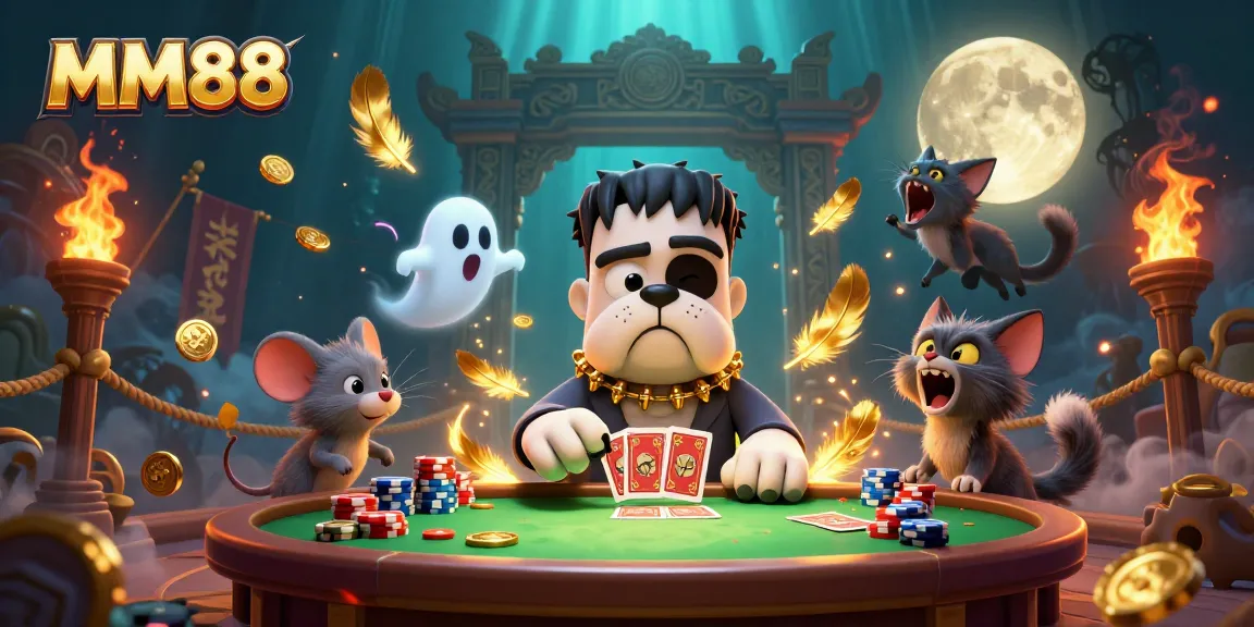 Engage with MM88's vibrant casino scene featuring unique characters like a Frankenstein bulldog dealer and a ghost mouse.