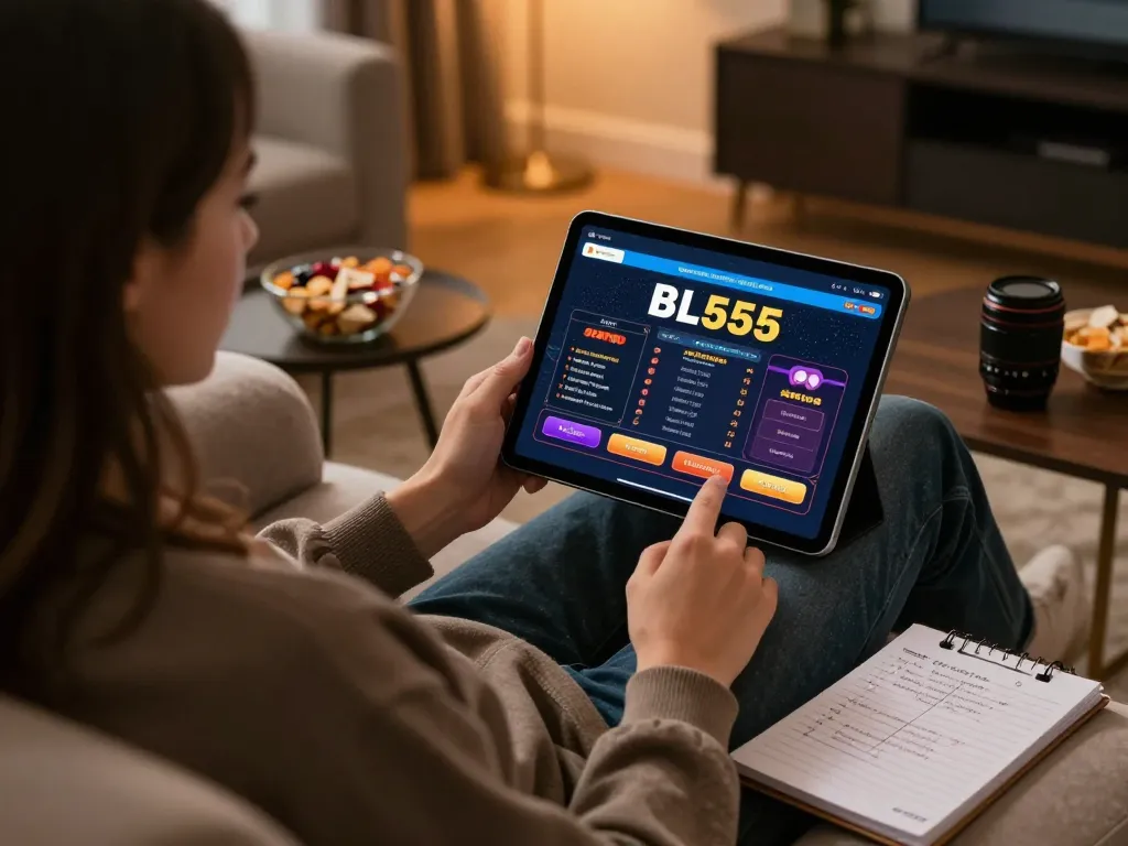 Engaging with the nhà cái bl555 gambling platform on a tablet in a cozy home setting.