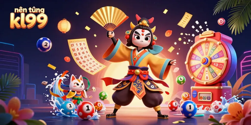 Engage in the vibrant world of nền tảng kl99 with animated lottery elements and lively characters.