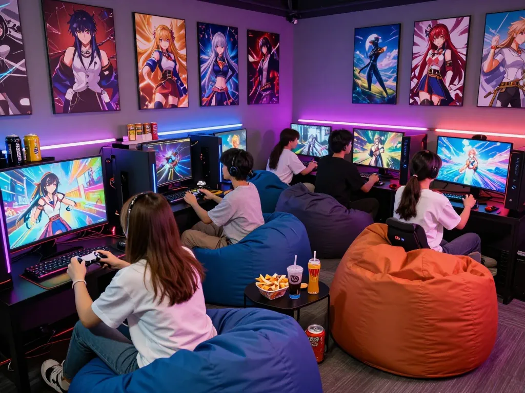 Engaged players immersed in hentai games in a vibrant gaming lounge.