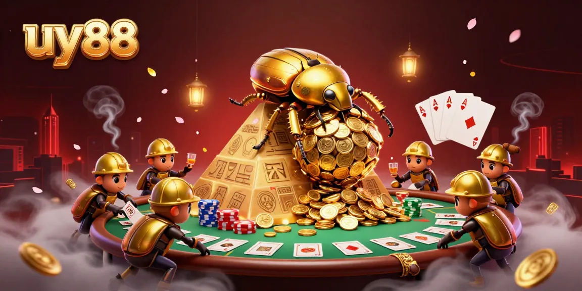 Experience thrilling gameplay at uy88 with a massive golden dung beetle amidst casino elements.