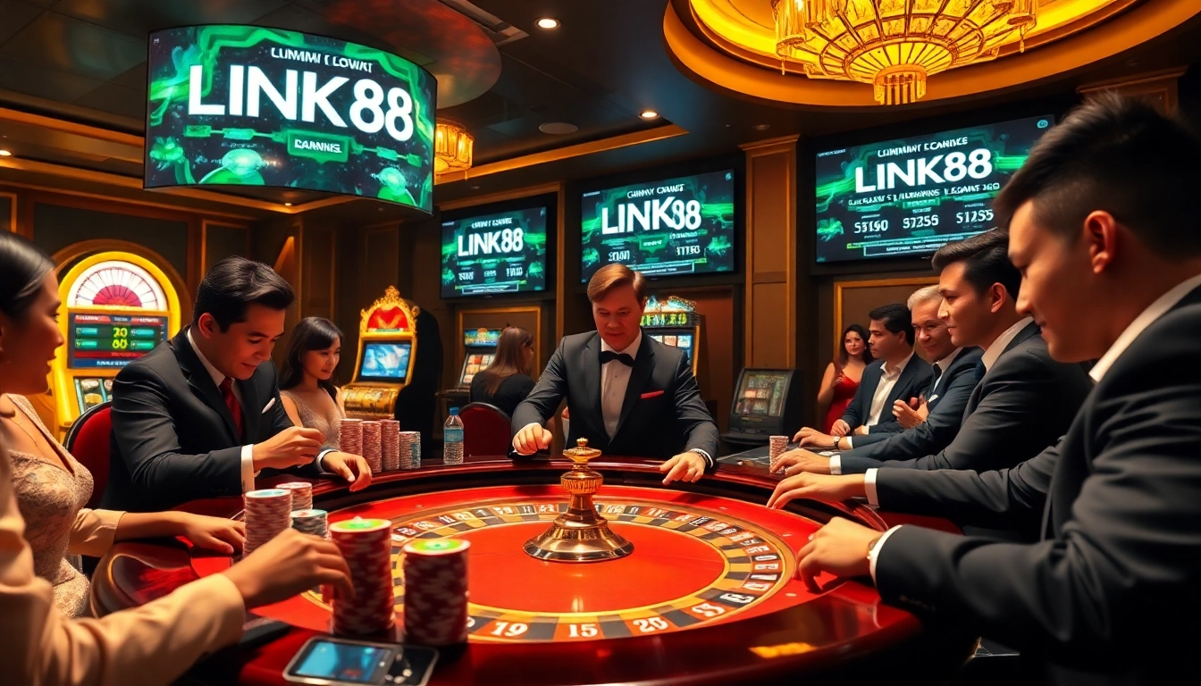Engage with LINK VIN88 at a luxurious casino table, featuring intense players and professional dealers.