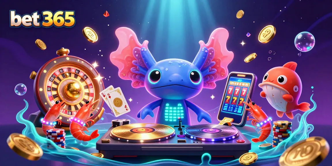 Bet 365 excitement with a neon axolotl DJ and vibrant casino elements creating fun.