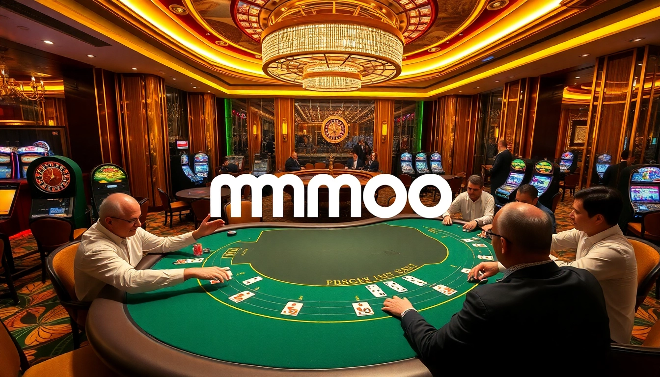 Exciting gambling scene at MMOO casino with poker players, roulette wheel, and slot machines.