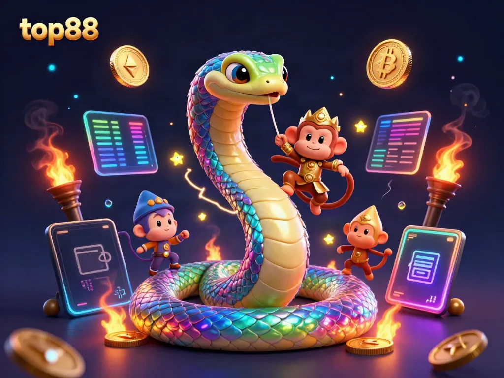 Play top88 to win big with a vibrant 3D illustration of games and crypto elements.