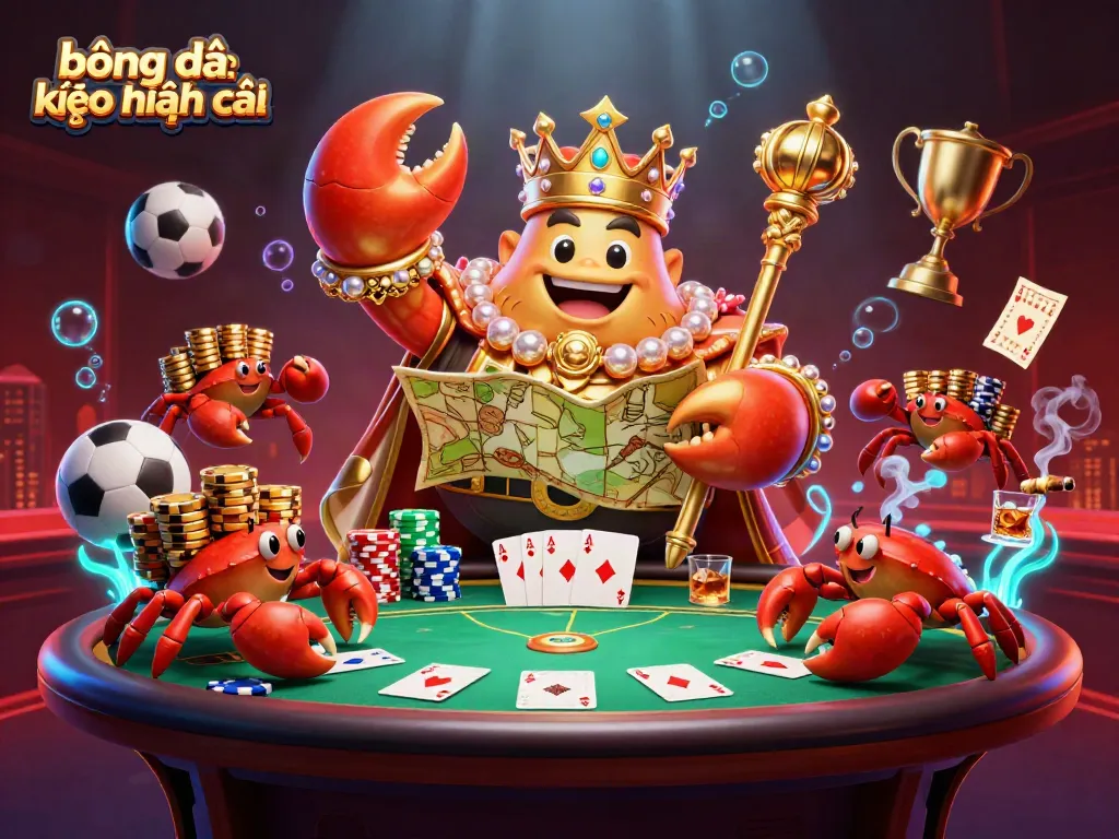 Bóng đá kèo nhà cái scene with a golden crab emperor amid sports balls, betting slips, and poker elements in a vibrant setting.