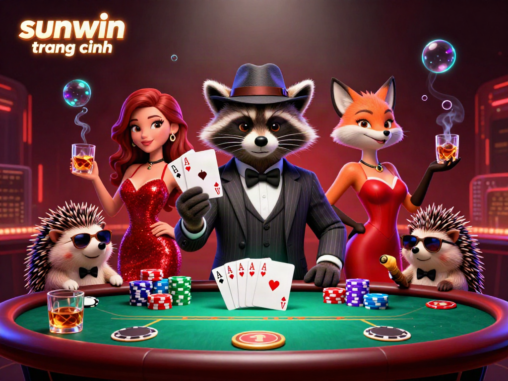 Experience excitement at sunwin trang chính with colorful poker elements and animated characters in a lively atmosphere.