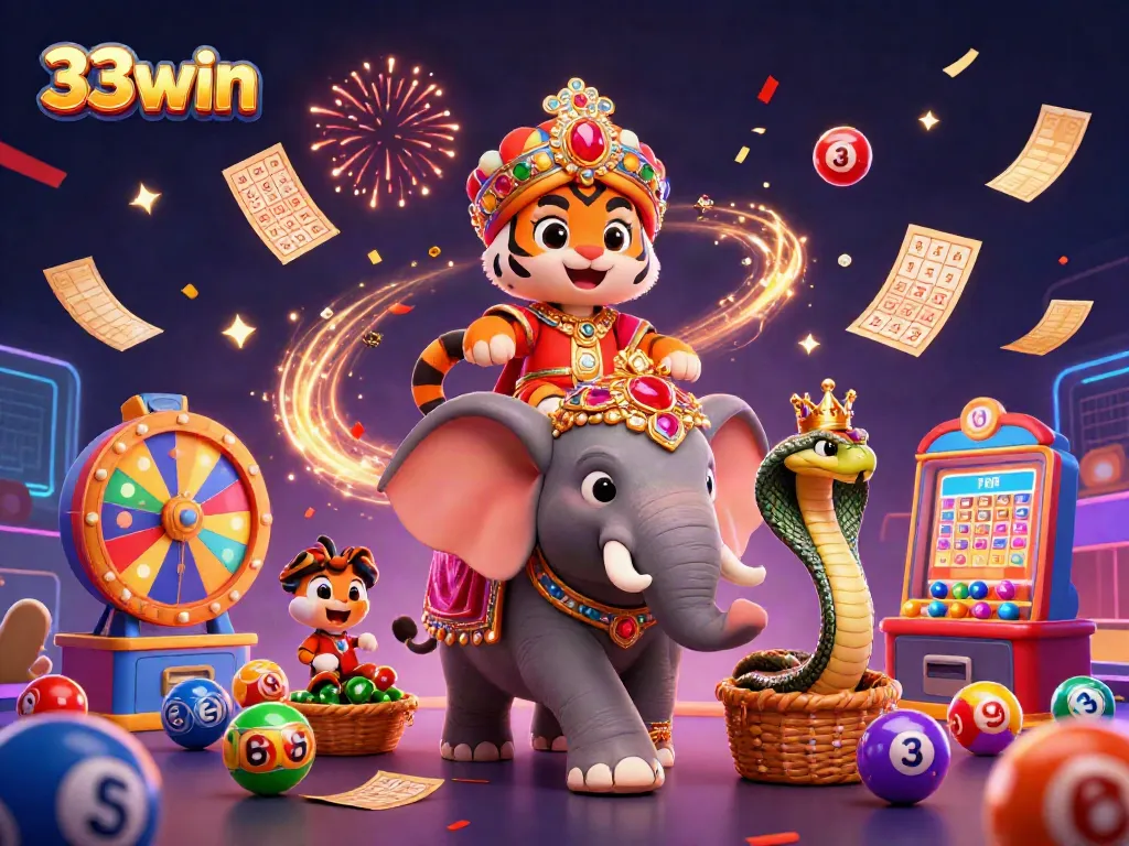 Engage in thrilling 33win gaming fun with a vibrant 3D casino scene featuring a maharaja tiger and dynamic prize elements.
