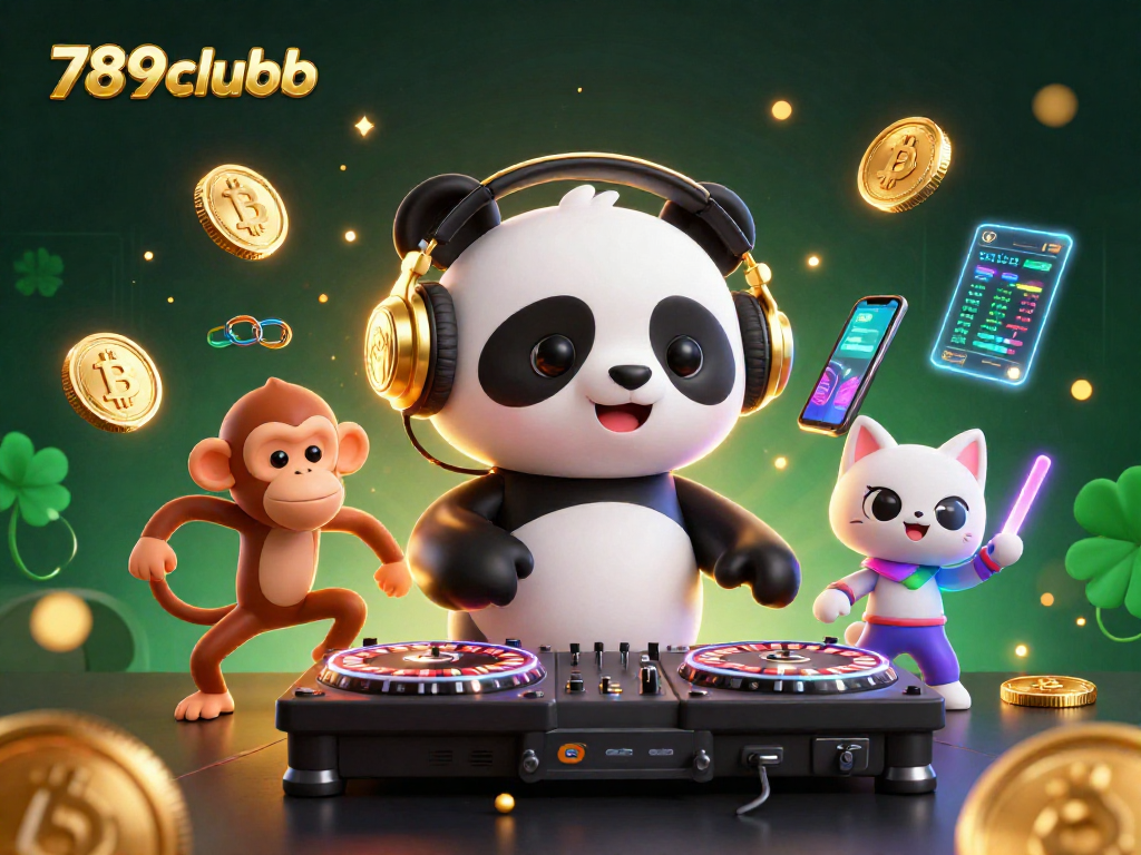 Join the fun at 789clubb with cartoon characters celebrating casino games and cryptocurrency.