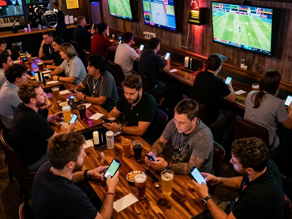Fans engaging in god55 sports betting at a lively bar, placing bets on their smartphones while enjoying the game.