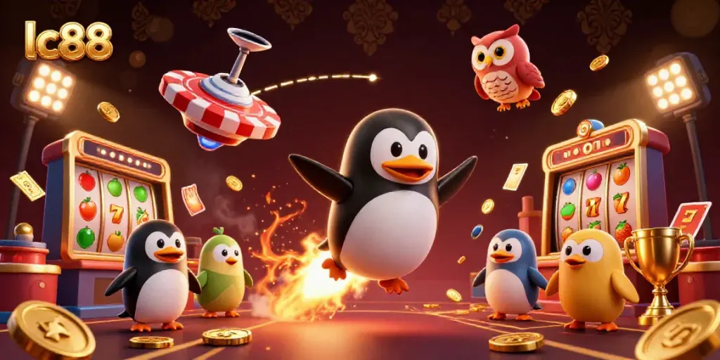 Engage with Lc88 at the casino, where a golden penguin channels good fortune amid vibrant slot game action.