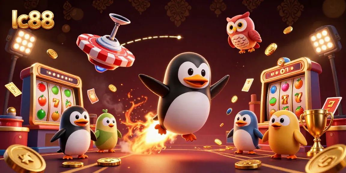 Engage with Lc88 at the casino, where a golden penguin channels good fortune amid vibrant slot game action.
