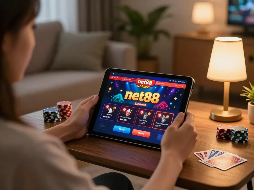 Person enjoying online gaming on net88 app in a cozy living room setting.