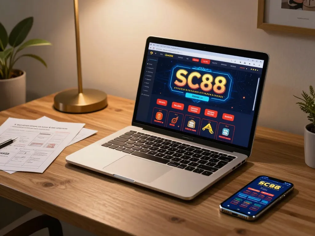 SC88 online casino gaming setup with laptop and strategy notes in a cozy home office