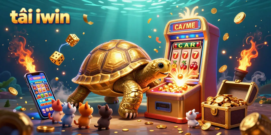 Experience the thrill of tải iwin with golden tortoise and dynamic gaming elements in this vibrant illustration.
