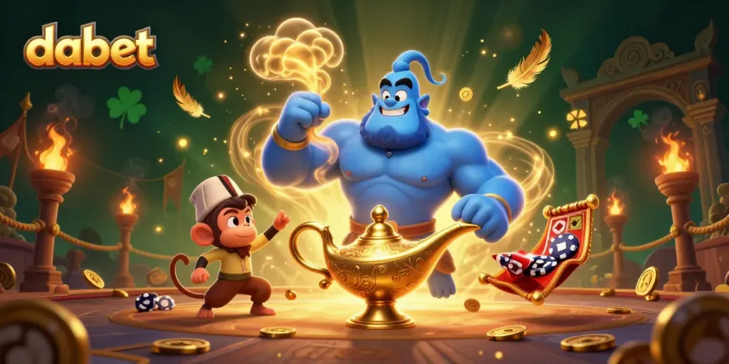 Experience dabet's vibrant casino magic with a genie, monkey, and poker chips!