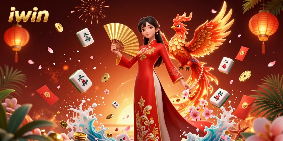 Experience iwin's vibrant casino atmosphere with a graceful woman and a phoenix amidst cherry blossoms and gold coins.