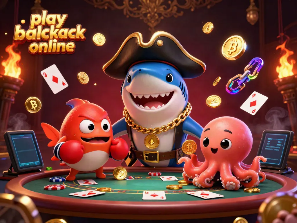 Play blackjack online with a dynamic 3D illustration featuring engaging characters and casino elements.