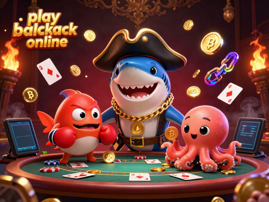 Play blackjack online with a dynamic 3D illustration featuring engaging characters and casino elements.
