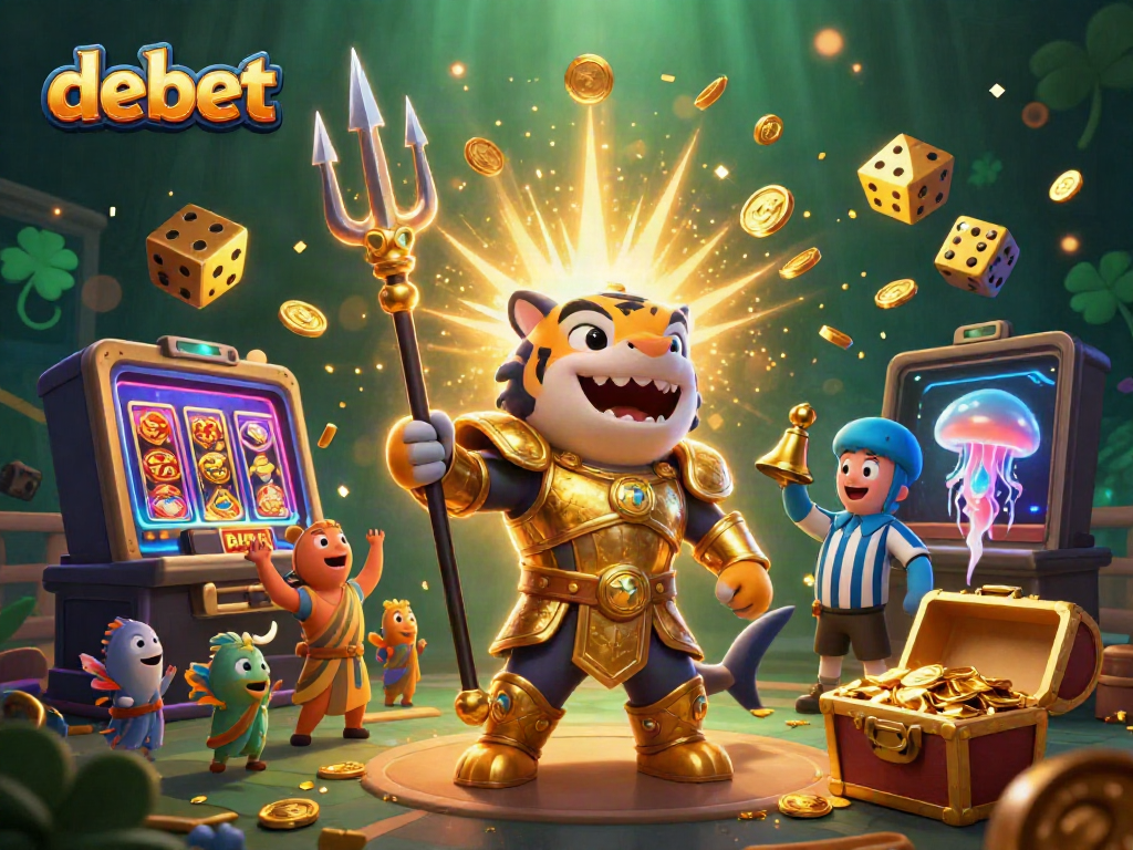 Engage with debet's thrilling slots as a golden armored tiger shark champions an underwater casino adventure.