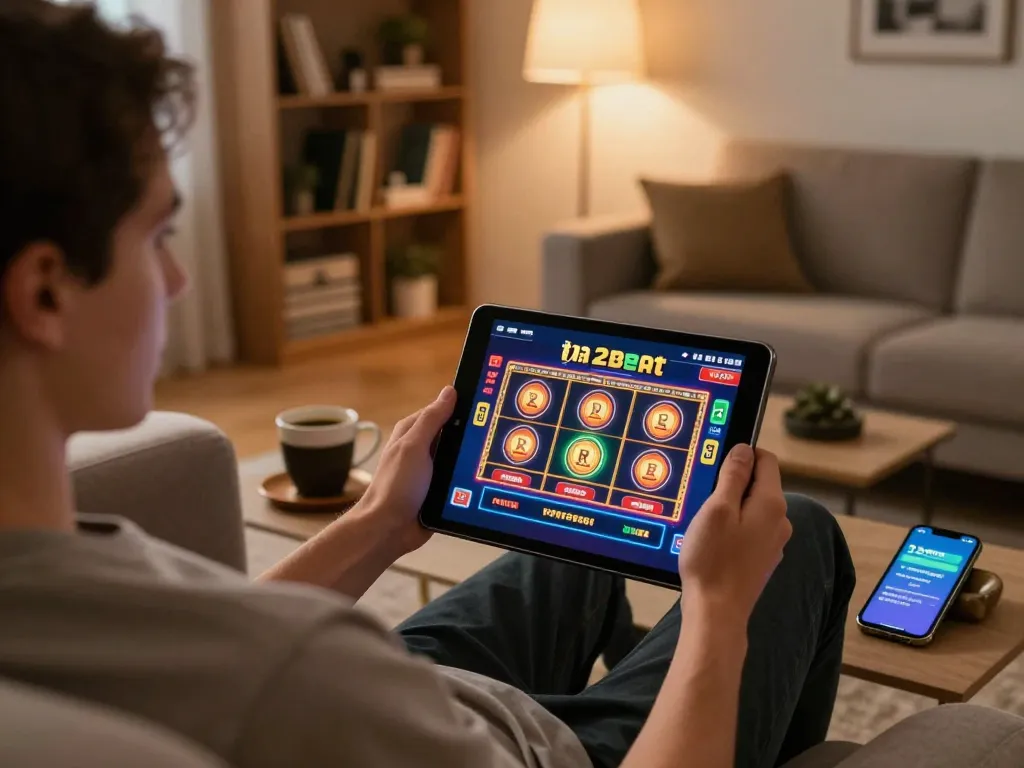 Player enjoys a thrilling 12bet casino experience on a tablet in a cozy home setting.