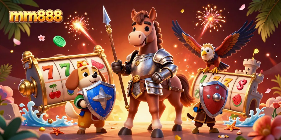 Experience thrilling gaming with mm888 as a knight, puppy, and falcon unite in an action-packed casino scene.