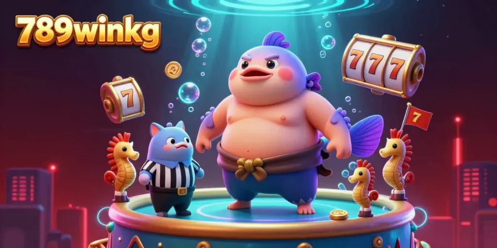 Engage with 789winkg in a vibrant underwater casino scene featuring a playful fugu and captivating slot reels.