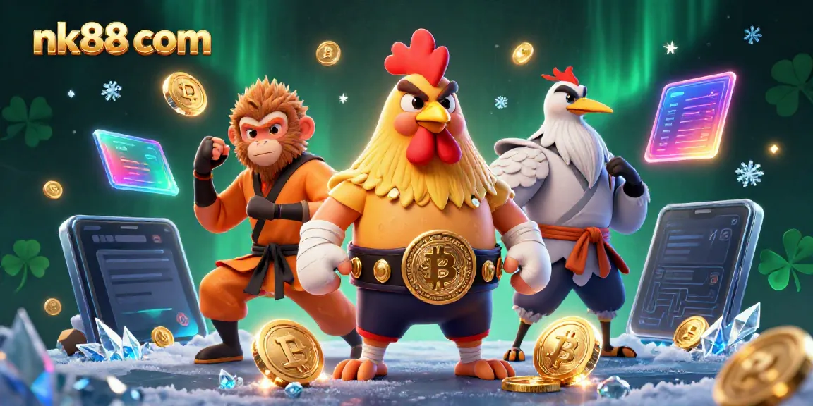 Experience thrilling games at nk88 com with a unique scene featuring martial arts characters and crypto elements.