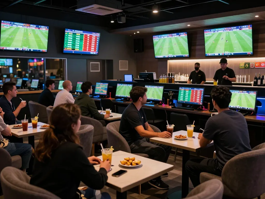 Patrons engaged in sports betting, tracking tỷ lệ bóng đá wap on multiple screens in a lively lounge atmosphere
