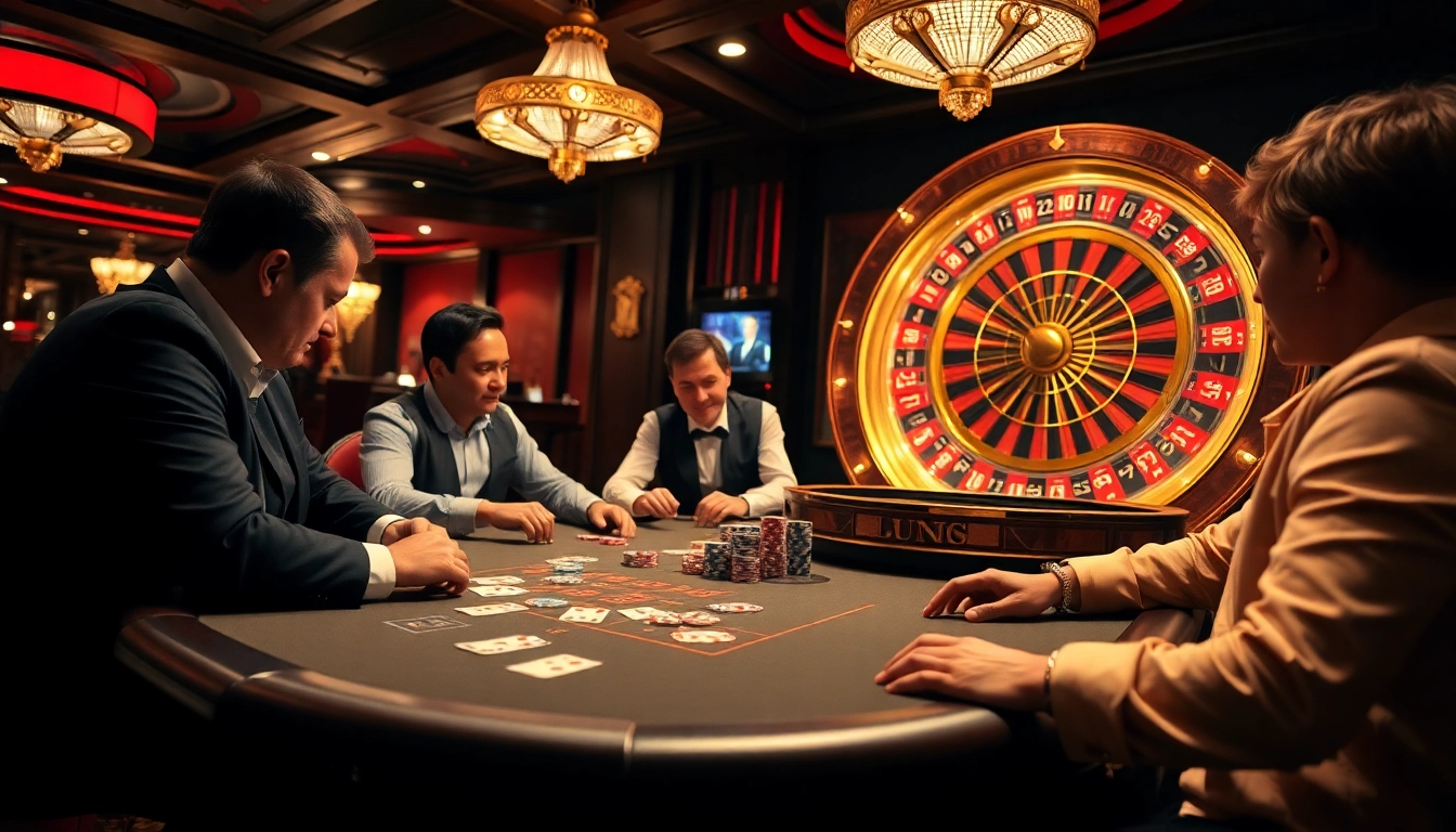 A dynamic poker game at https://cm88.bio/, showcasing chips and cards in an upscale casino atmosphere.