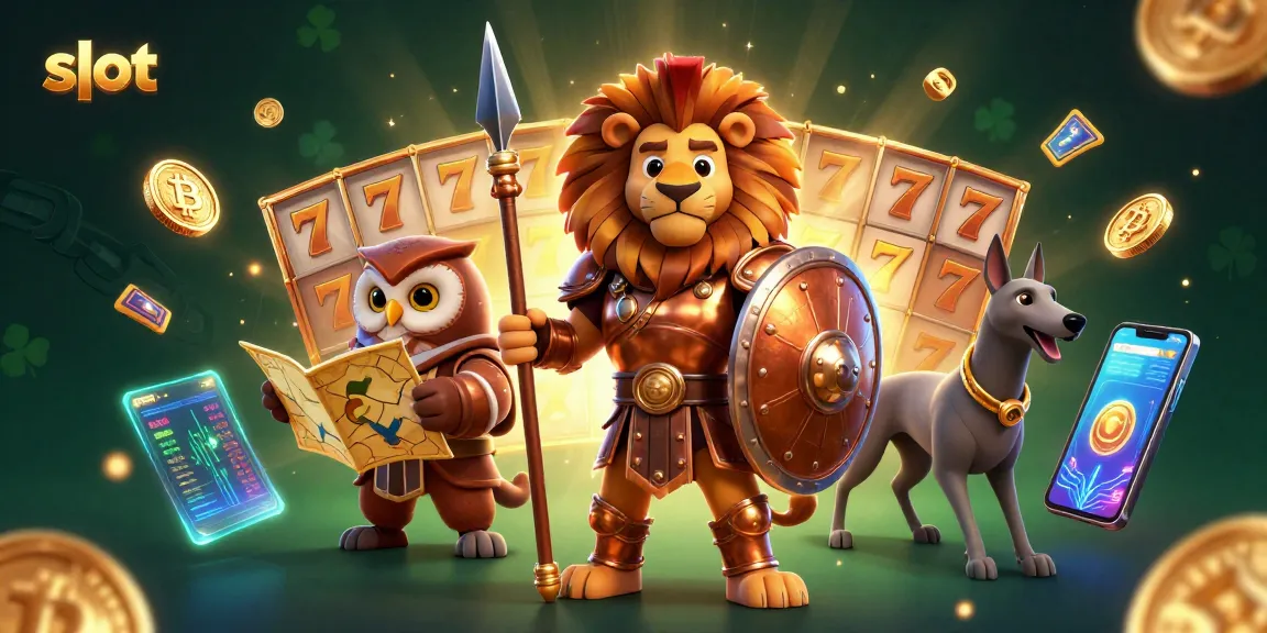 Experience slot excitement with a Spartan lion, owl strategist, and greyhound messenger in this vibrant casino scene.