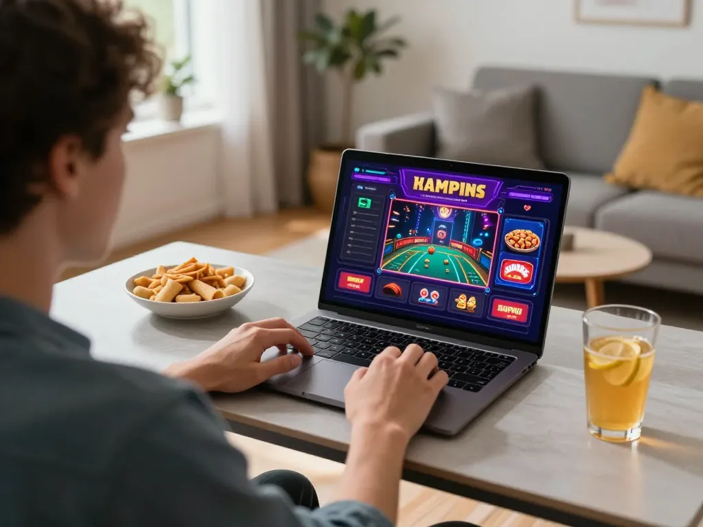 Engaging in online gaming on trang chủ bl555 from a stylish home office setup with laptop and casino interface.