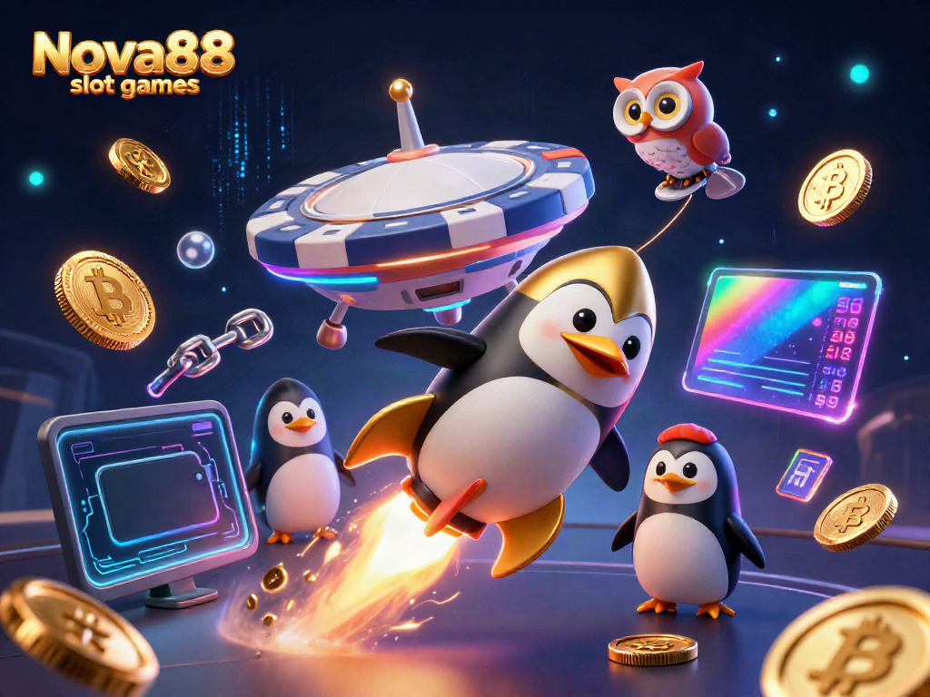 Play engaging Nova88 slot games with the exciting golden penguin and casino elements in space.