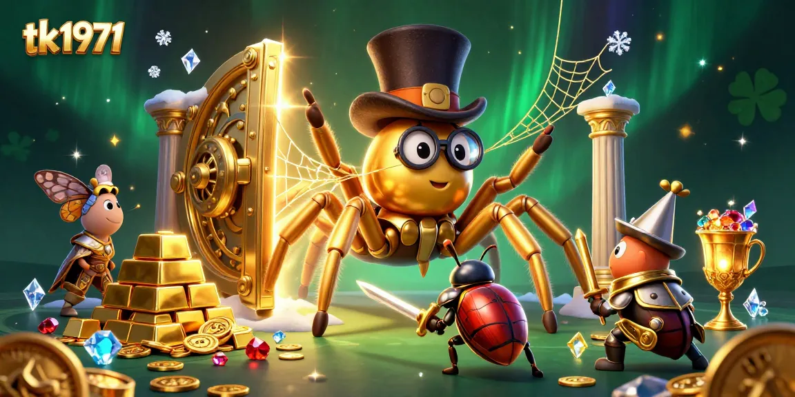 Experience thrilling gaming with tk1971 as a golden tarantula weaves a web of riches in this vibrant casino scene.