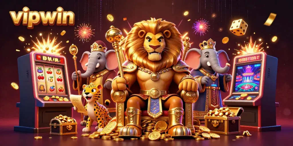 Join the excitement with vipwin's fierce lion king and dynamic casino elements in this vibrant 3D illustration.