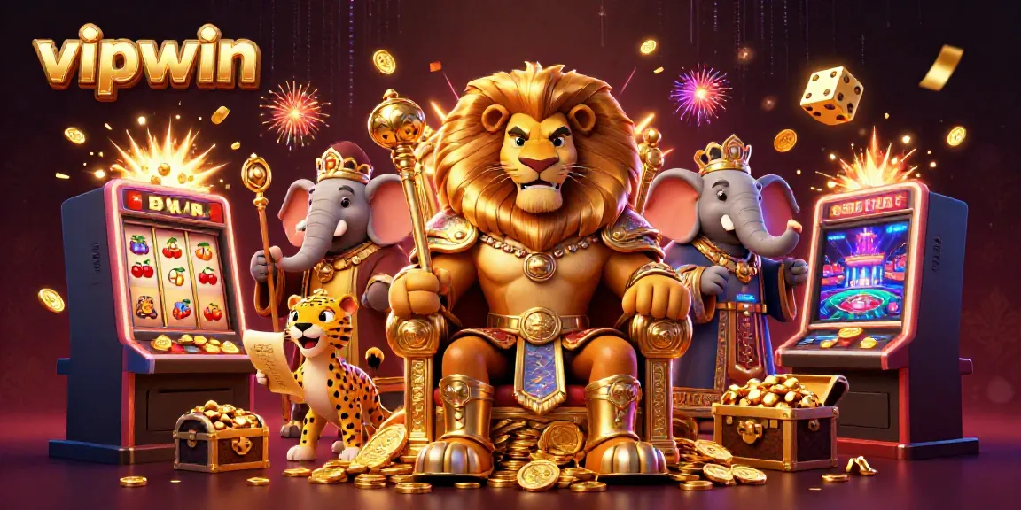 Join the excitement with vipwin's fierce lion king and dynamic casino elements in this vibrant 3D illustration.