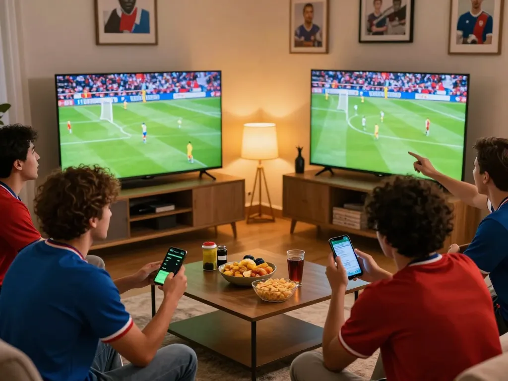 Football fans enjoying the live xoilac streaming experience in high definition, celebrating a goal with excitement.