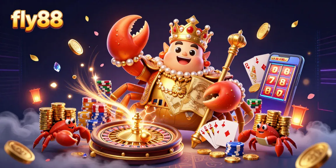 Engage with fly88's thrilling gaming adventure featuring a golden crab emperor amidst cascading coins and vibrant game elements.