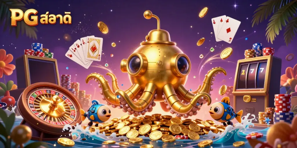 Experience thrilling gaming action with PG สล็อต as a golden kraken submarine emerges from coins.