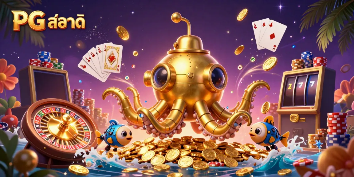 Experience thrilling gaming action with PG สล็อต as a golden kraken submarine emerges from coins.