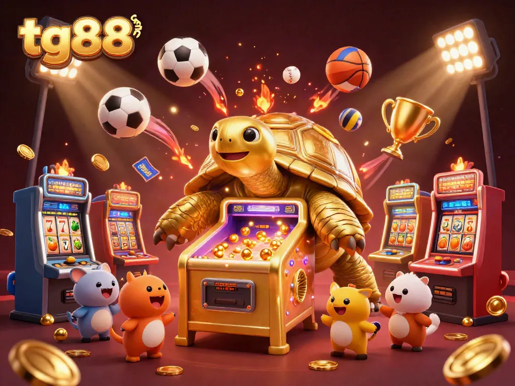 Experience the excitement at tg88 com with dynamic gaming action in an ultra-detailed casino illustration featuring a golden tortoise.