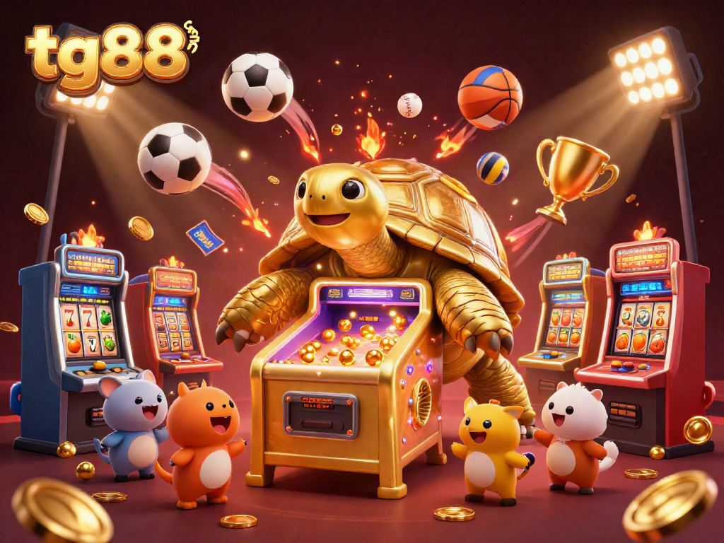 Experience the excitement at tg88 com with dynamic gaming action in an ultra-detailed casino illustration featuring a golden tortoise.