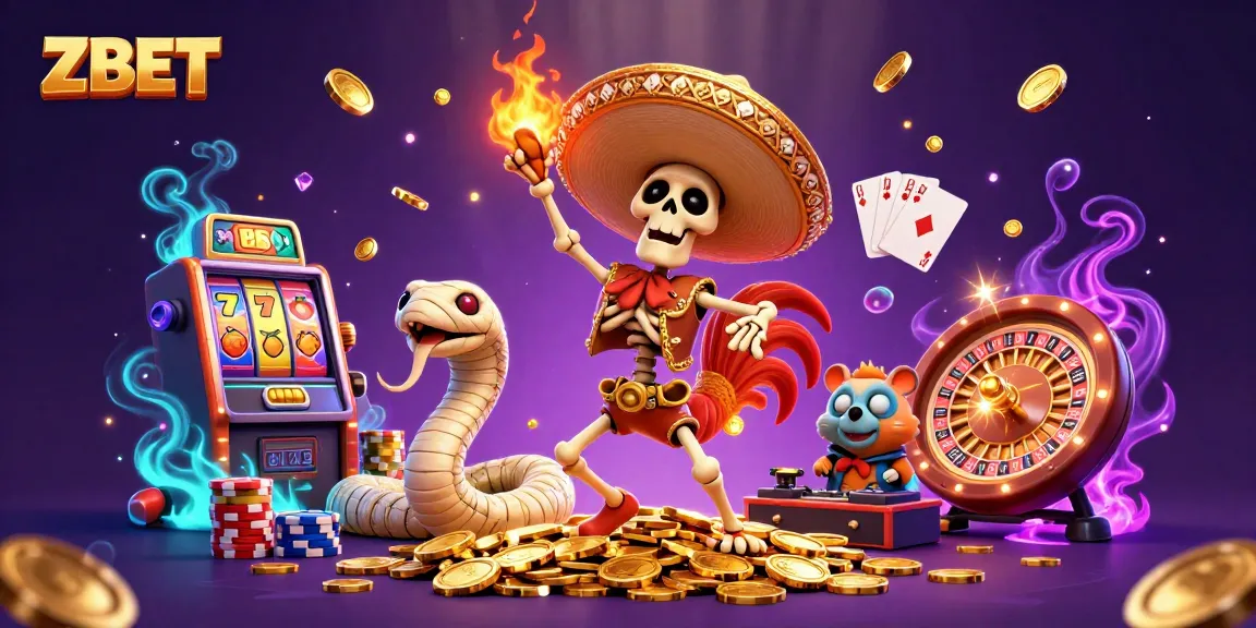 ZBET thriving in a dynamic casino scene with a lively skeleton mariachi rooster and vibrant slot machine action.