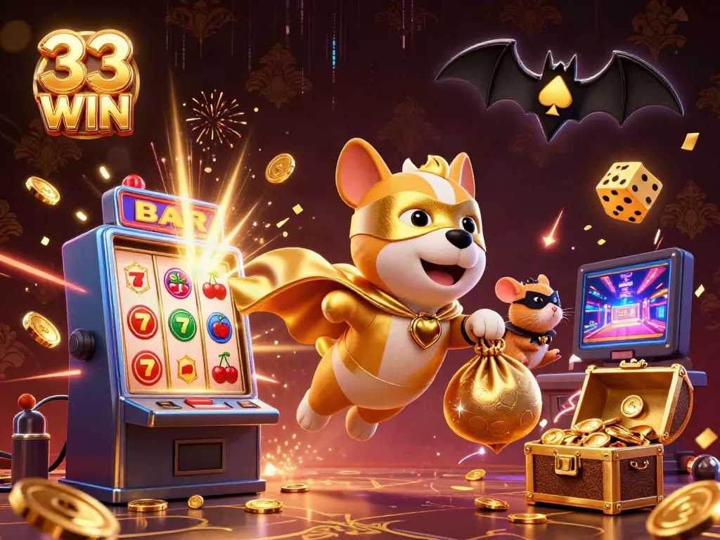 33 WIN casino scene with a superhero dog and sidekick amidst a jackpot explosion of coins and colorful game elements.