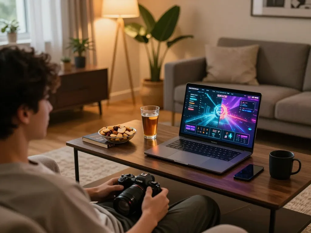 Player enjoying RIKVIP online gaming on laptop in a cozy living room, showcasing strategic gameplay.