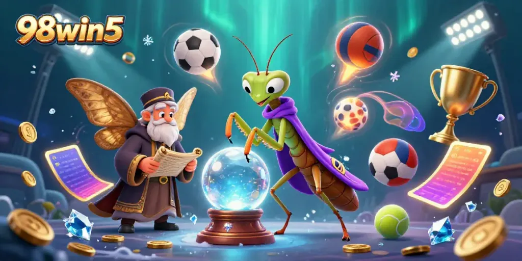 Experience thrilling gaming with 98win5 through an illustration of captivating characters and dynamic sports elements.