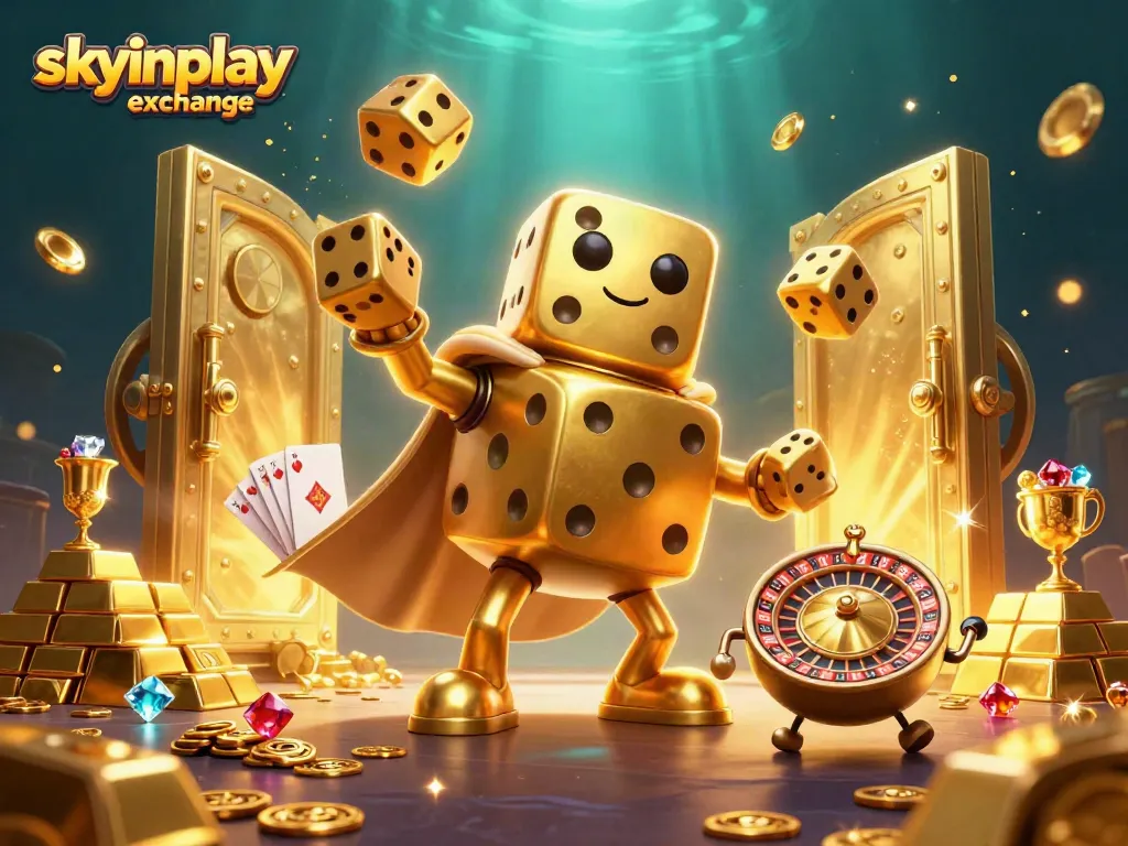 Experience thrilling moments with skyinplay exchange as golden dice juggle amidst treasures in this immersive casino scene.